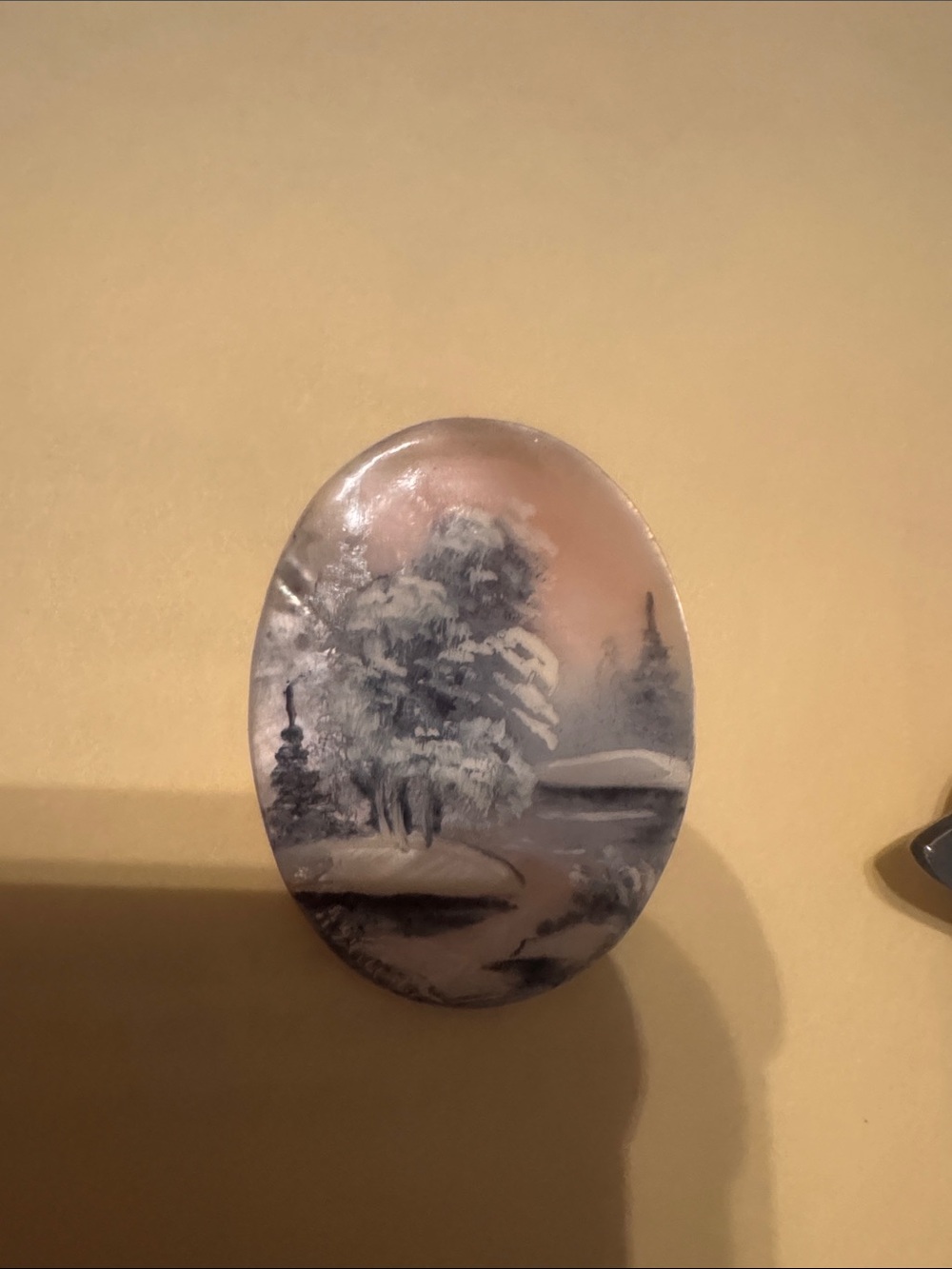 Hand-Painted Winter Scene Brooch - White and Gray